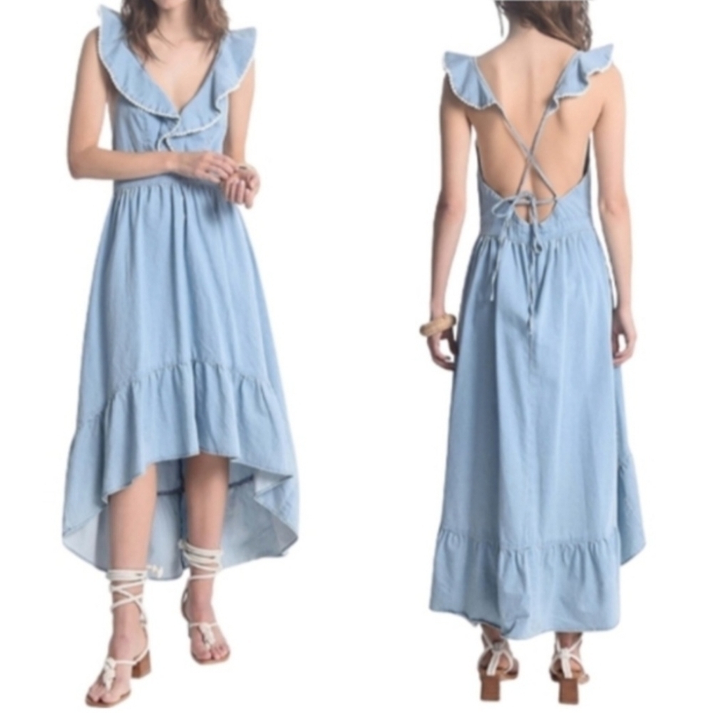 Molly Bracken Ruffled High-Low Hem Back Cutout Midi Jeans Dress Women's Size L
